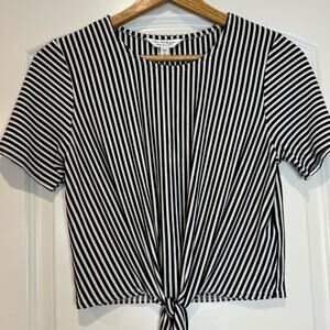 Miss Selfridge Womens Size 8 Black White Short Sleeve Striped Crop Top Tie Front